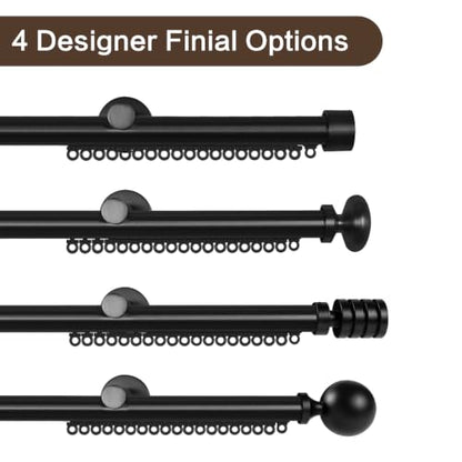 Heavy Duty Black Traverse Curtain Rod with End Cap Finial - Custom Length