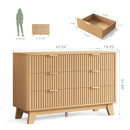 Jocoevol Fluted 6-Drawer Dresser with Gold Handles, Natural Finish