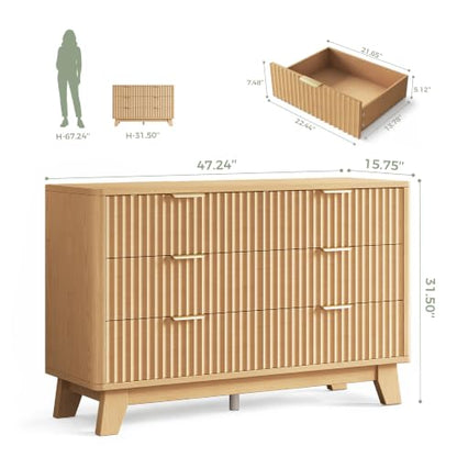 Jocoevol Fluted 6-Drawer Dresser with Gold Handles, Natural Finish