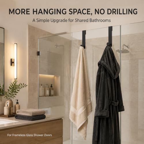 Matte Black 7.5 Inch Shower Door Hooks for Frameless Glass Doors - 2 Pack
