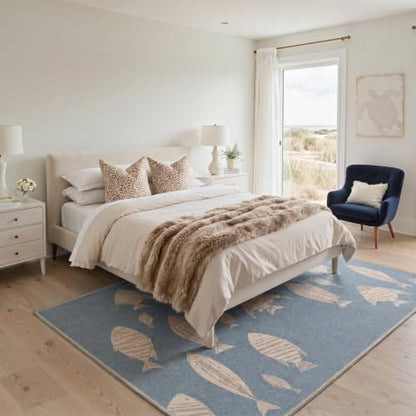 Blue Coastal Fish Runner Rug - Washable Non-Slip Boho Style, 2ft x 5ft, Rectangular