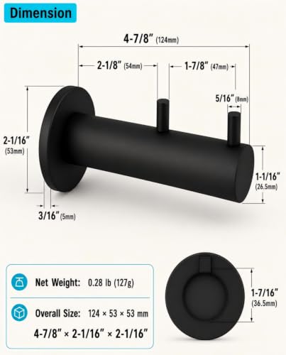 Heavy Duty Wall Hooks Double Black Matte 2 Pack for Bathroom Kitchen Entryway