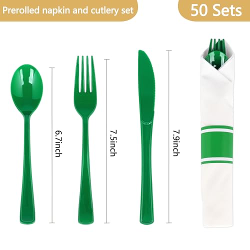 50 Pack Green Plastic Silverware Set with Napkins - Pre-Rolled Disposable Utensils