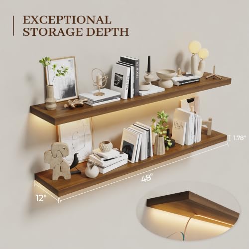 48 Inch LED Floating Wall Shelves Set of 2 - Walnut Wood with Warm Light