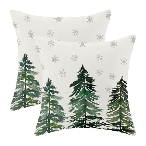 Sage Green Christmas Pillow Covers 18x18 Inch Set of 2 Snowflake & Tree Design