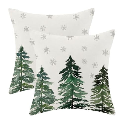 Sage Green Christmas Pillow Covers 18x18 Inch Set of 2 Snowflake & Tree Design