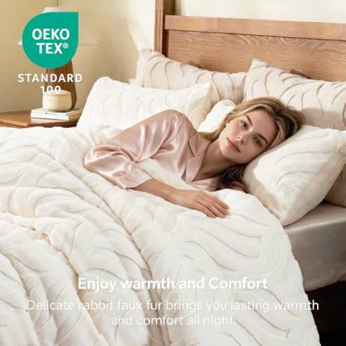 Queen Faux Fur Comforter Set Cream 90x90 Inches Fluffy Bedding