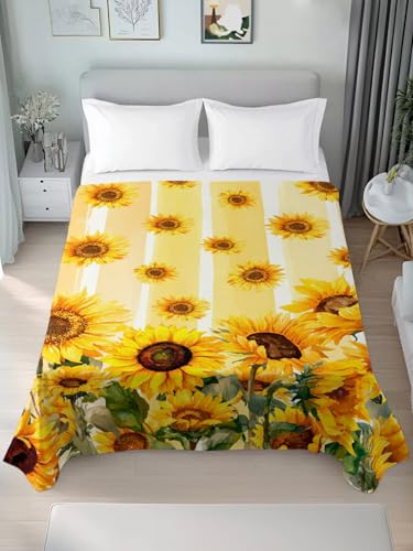 Summer Sunflower Yellow Stripe Flat Sheet Twin XL Microfiber Bedding - Breathable & Soft