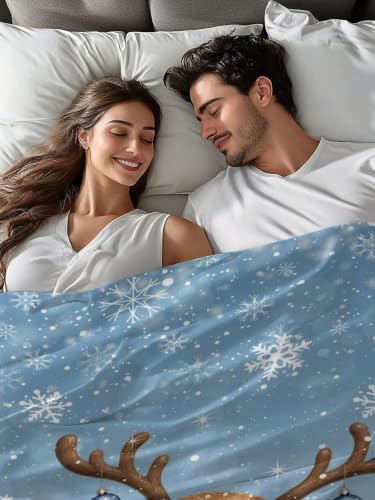 Misty Blue King Size Flat Sheet Christmas Snowman Deer Penguin Bedding Winter Snowflake