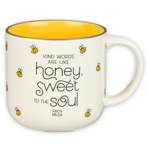 Large Ceramic Coffee Mug with Proverbs Bible Verse - Like Honey & Yellow Bee, 15 oz - Encouragement Gift for Women