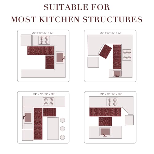 Kitchen Rugs Set of 2 Non Slip Red Floor Mats - 20x47 and 20x32 Inches
