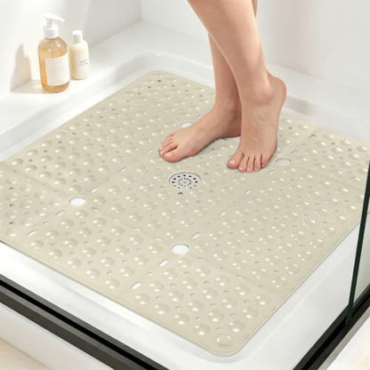 Khaki Non Slip Shower Mat 27 x 27 Inch with Suction Cups, Quick Drain - EIVINJE