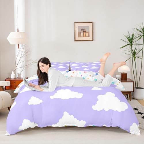Full Size Cloud Duvet Cover Set with Pillowcases - Purple & White Cartoon Clouds, Kids Bed Bedding, No Comforter, Variation: White & Purple