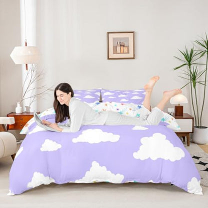 Full Size Cloud Duvet Cover Set with Pillowcases - Purple & White Cartoon Clouds, Kids Bed Bedding, No Comforter, Variation: White & Purple