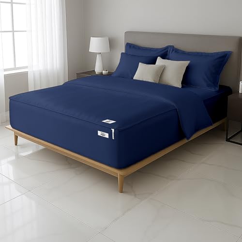 King Zipper Fitted Sheet 78x80 Inch Navy Blue 500TC Cotton Satin Deep Pocket