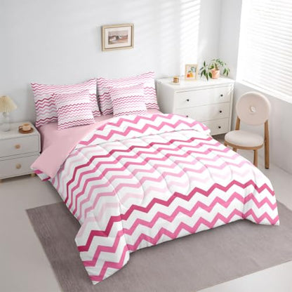 Pink Gradient Chevron Kids Comforter Set King Size 7 Pieces - Hot Pink White