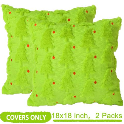 Green Christmas Pillow Covers Set of 2 - 18x18 Faux Fur Decor with Red Ball Embroidery - Variation Green2