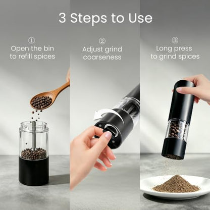 USB Rechargeable Salt & Pepper Grinder Set with Storage Base - Black 2 Pack - Variation 2