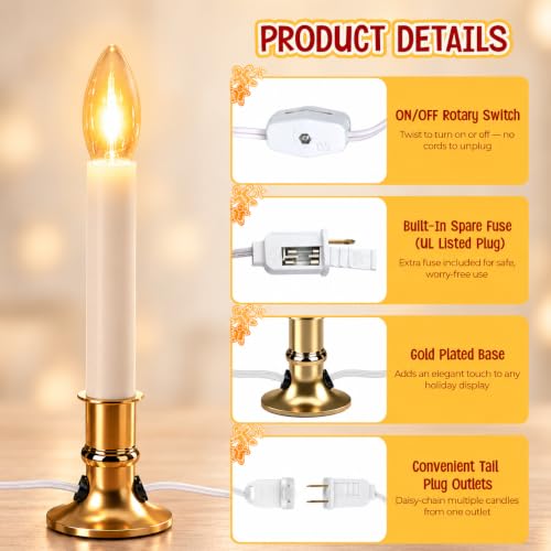 8 Pack Christmas Electric Window Candle Lights with Gold Base and Clear Bulbs