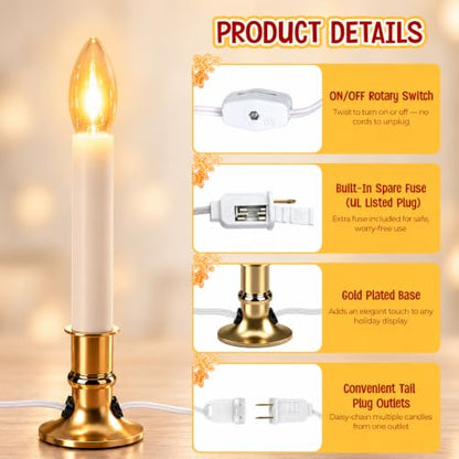 8 Pack Christmas Electric Window Candle Lights with Gold Base and Clear Bulbs