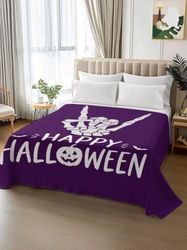 Twin Size Halloween Spooky Skeleton & Pumpkin Microfiber Flat Sheet - Purple
