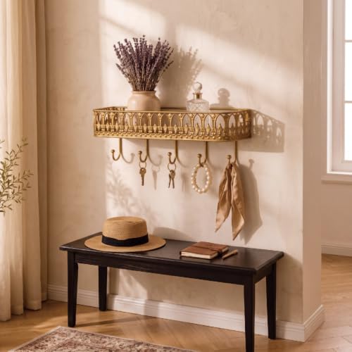 Vintage Gold Wall Mount Key Holder Shelf with 5 Hooks and Mail Rack