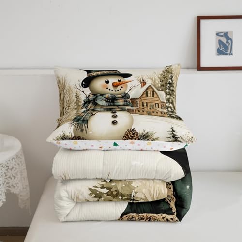 Brown Green Winter Farmhouse Style Comforter Twin with Pillowcase - Snowman Rustic Quilt