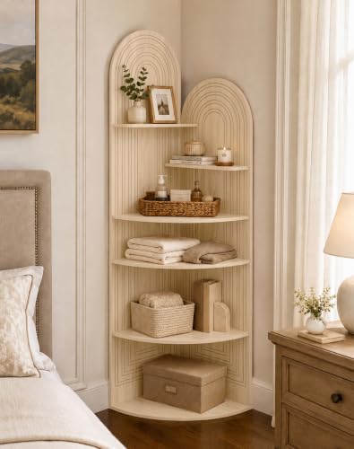 6-Tier Corner Shelf - Arched Display Bookcase in Oak Finish