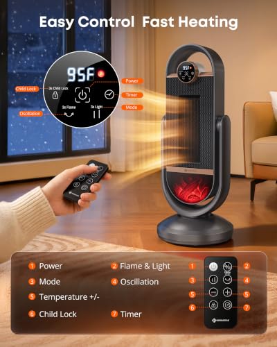 Dark Gray 21.6in Space Heater with 1500W Graphene PTC, 3D Flame Effect, Oscillation, Remote, Timer