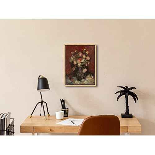 Wieco Art Framed Art Vase with Chinese Asters and Gladioli by Van Gogh Famous Oil Paintings Reproduction Abstract Canvas Prints for Home Decorations Bronze Gold Frame