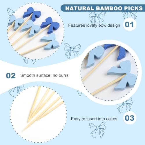 Blue Bow Bamboo Cocktail Picks 4.7 Inch - Party Food Skewers for Boy Baby Shower MD01