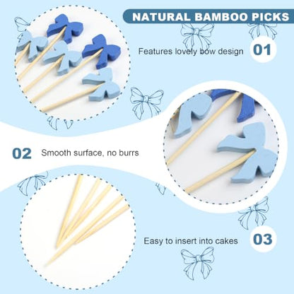 Blue Bow Bamboo Cocktail Picks 4.7 Inch - Party Food Skewers for Boy Baby Shower MD01