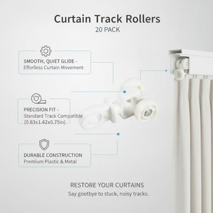 20 Pack Curtain Track Rollers - Replacement Gliders for Standard Curtains