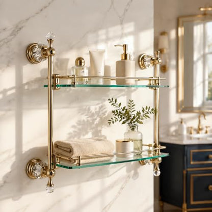 Bathroom Shelf Gold Brass Glass Organizer Double Layer 21.7x5.9x22 Inches