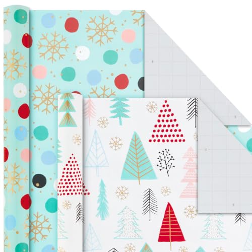 Christmas Wrapping Paper Bundle with Quirky Holiday Designs, 4 Rolls with Cut Lines, Blue, Gold, Yeti, Santa, Penguin