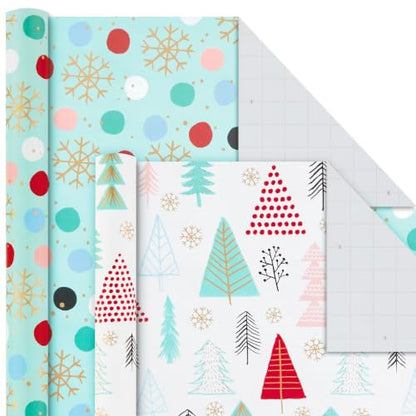 Christmas Wrapping Paper Bundle with Quirky Holiday Designs, 4 Rolls with Cut Lines, Blue, Gold, Yeti, Santa, Penguin