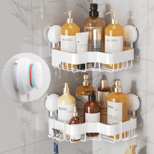 TAILI Corner Shower Caddy Suction Cup Set - White 2-Pack, Rust-Resistant Bathroom Organizer