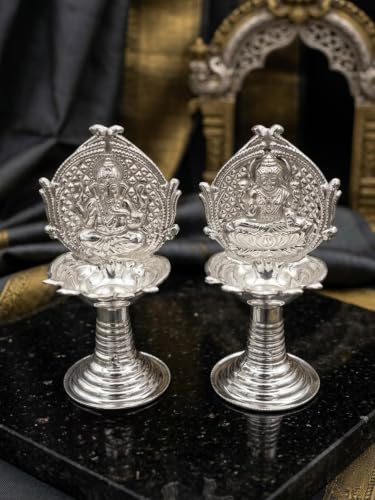 German Silver Lakshmi Ganesha Pooja Diyas Pair for Home Decor & Festivals