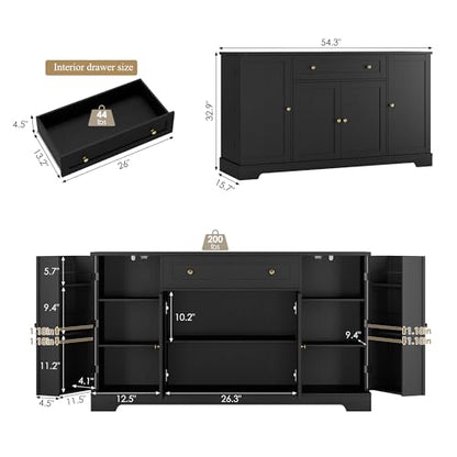 54-Inch Black Kitchen Buffet Cabinet with Storage Drawers & Shelves