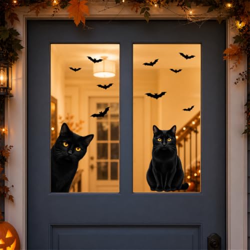 Funny Halloween Black Cat Window Clings - 6 Sheets Static Decor for Glass & Mirrors