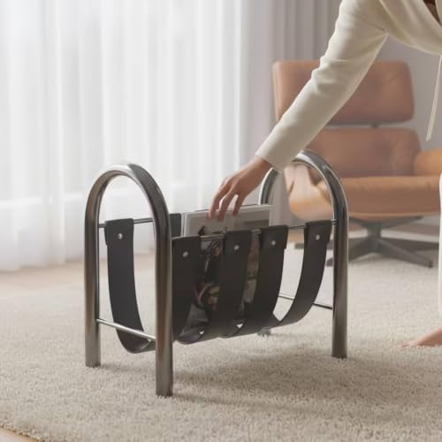Magazine Storage Rack Holder with Metal Frame and Leather Straps for Study Living Room Office