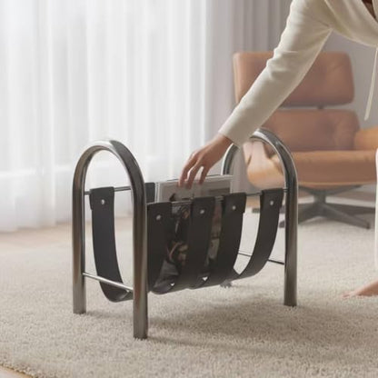 Magazine Storage Rack Holder with Metal Frame and Leather Straps for Study Living Room Office