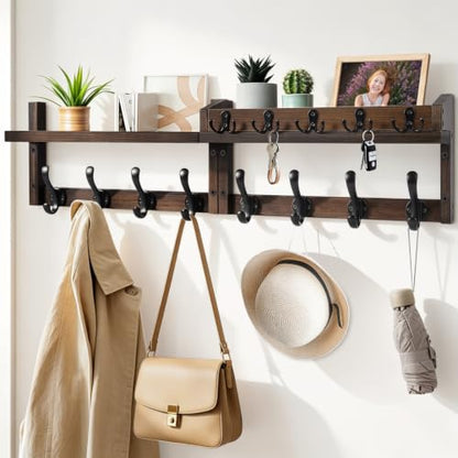 Wall Mounted Coat Rack with Shelf and 13 Hooks - Rustic Wooden Entryway Organizer