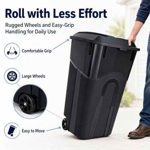 45 Gallon Wheeled Outdoor Trash Can with Locking Lid - Heavy Duty Leak-Proof Design