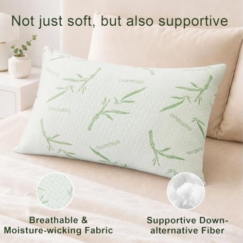 Queen Size Pillows Set of 2 with White-Green Cover - Soft Down Alternative