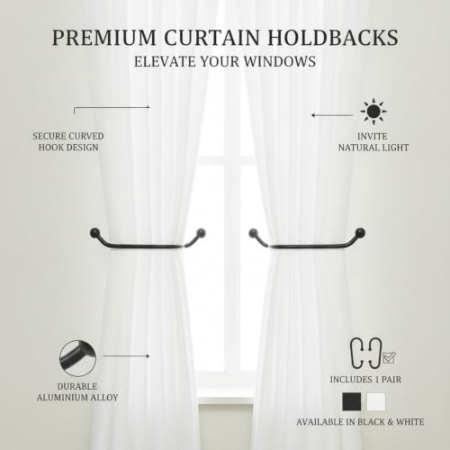 Black Aluminum Curtain Tieback Hooks, Window Treatment Holdbacks for Living Room & Bedroom (1 Pair)