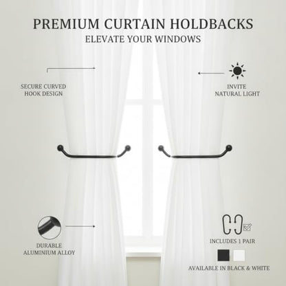 Black Aluminum Curtain Tieback Hooks, Window Treatment Holdbacks for Living Room & Bedroom (1 Pair)