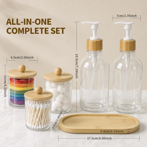 Bamboo Bathroom Organizer Set with Dispensers and Jars - Vanity Countertop Storage
