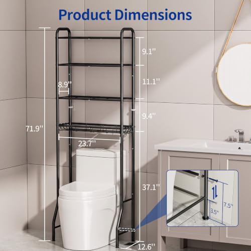 Black Over Toilet Storage Rack 4 Tiers Bathroom Organizer Shelf 71.9"H