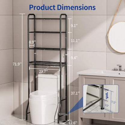 Black Over Toilet Storage Rack 4 Tiers Bathroom Organizer Shelf 71.9"H